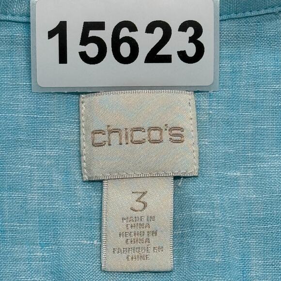 Chicos Top Womens XL 3 Blue Linen Side Slits Tunic Button Up Sleeveless Beachy - Picture 9 of 9